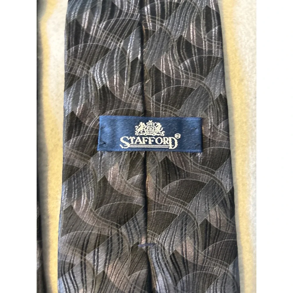 Stafford Silk Tie Mens‎ OS Black Grey Geometric Woven Classic Excellent Wide
